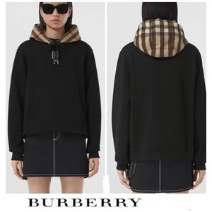BURBERRY Black & Signature Check Drawcord 100% Cotton Sweater Hoodie Sz M NWT
